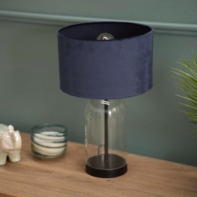 ValueLights Jessy Black Glass and Metal Table Lamp with Navy Blue Fabric Shade – 1