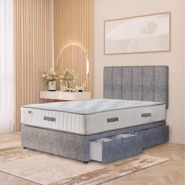 Somnior Beds Ltd Austin Tweed Fabric Orthopaedic Divan Storage Bed with Hybrid Mattress and 32 inch Headboard, Grey, W/D: 90 x 190 cm