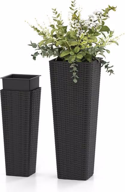 Set of 2 COSTWAY Black Tapered Outdoor Planters