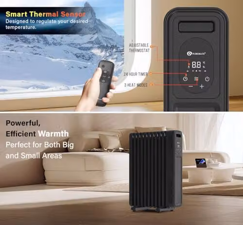 PureMate 2300W Oil Filled Radiator with Remote Control, Black, Freestanding – 3
