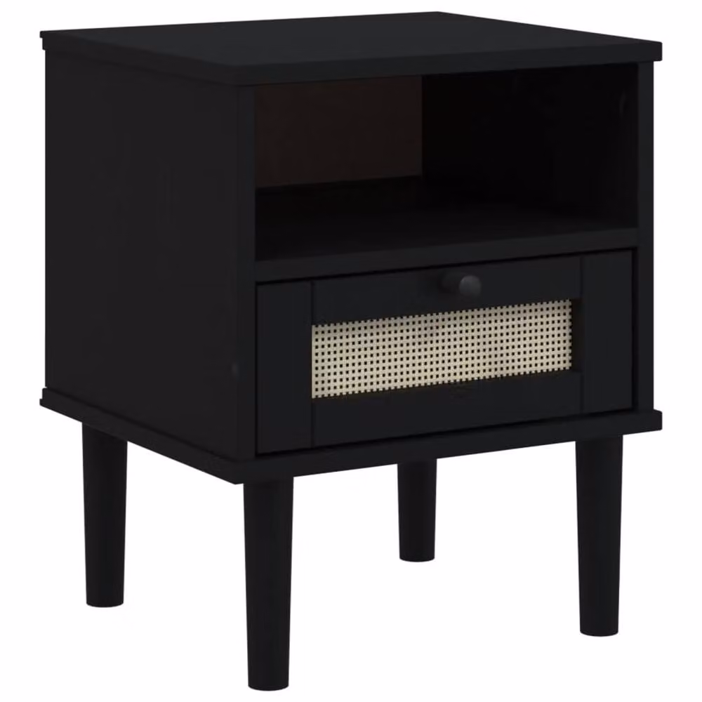 Berkfield Home SENJA Bedside Cabinet in Black Rattan Look Solid Pine Wood, W: 40 cm, D: 35 cm, H: 48 cm – 2