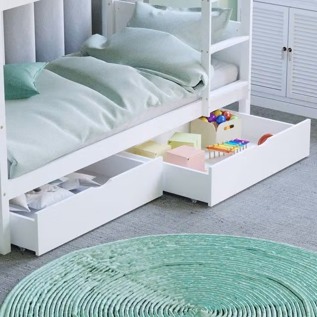 HD Designs Junior Vida Libra Solid Wood Underbed Drawers with Castors in White – 1