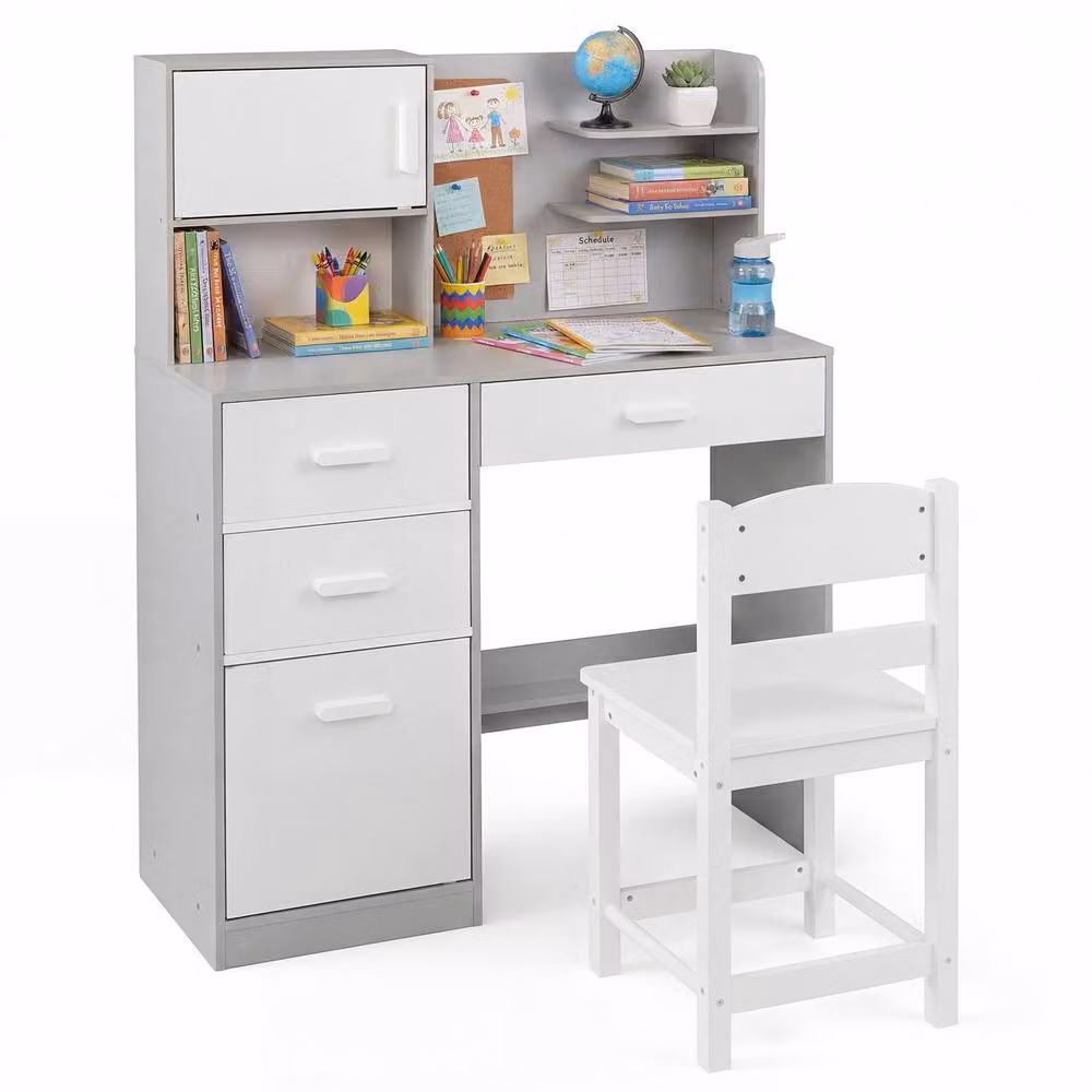 CASART Kids Wooden Study Desk and Chair Set with Hutch in Grey – 2