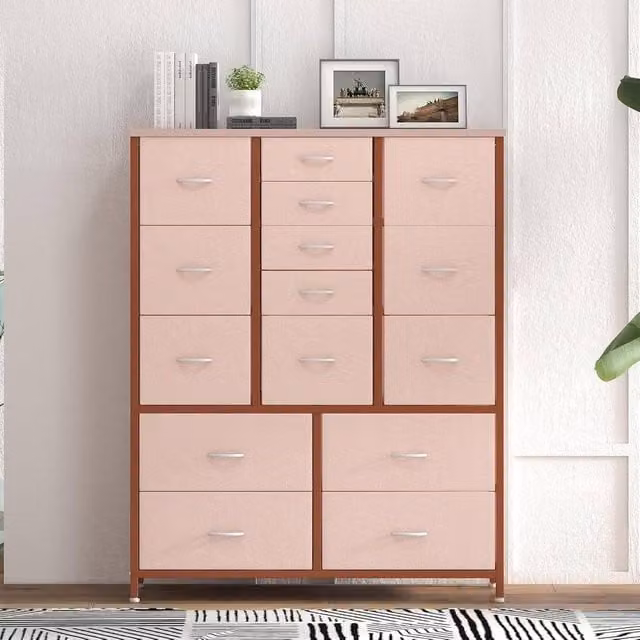 London Boutique 15 Drawer Fabric Dresser Chest of Drawers in Pink