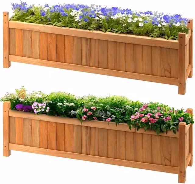 Kelvenix Set of 2 Large Rectangular Wooden Garden Planters in Brown – 1