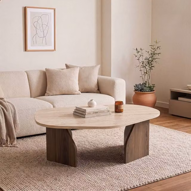CALICOSY ROCK Coffee Table with Ally Shaped Top and Wide Legs in Walnut Brown, W: 100 cm, D: 60 cm, H: 35 cm