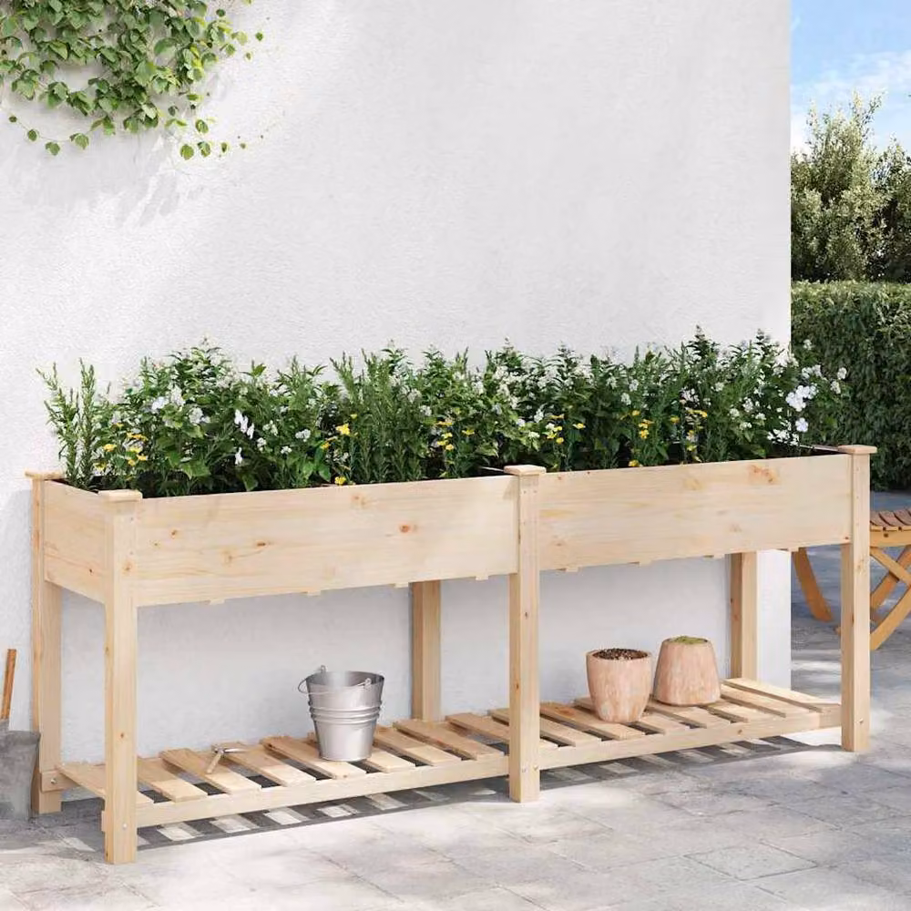 Berkfield Home Wooden Raised Bed Garden Planter with Shelf in Beige, W/D/H: 203 x 53 x 76.5 cm – 4