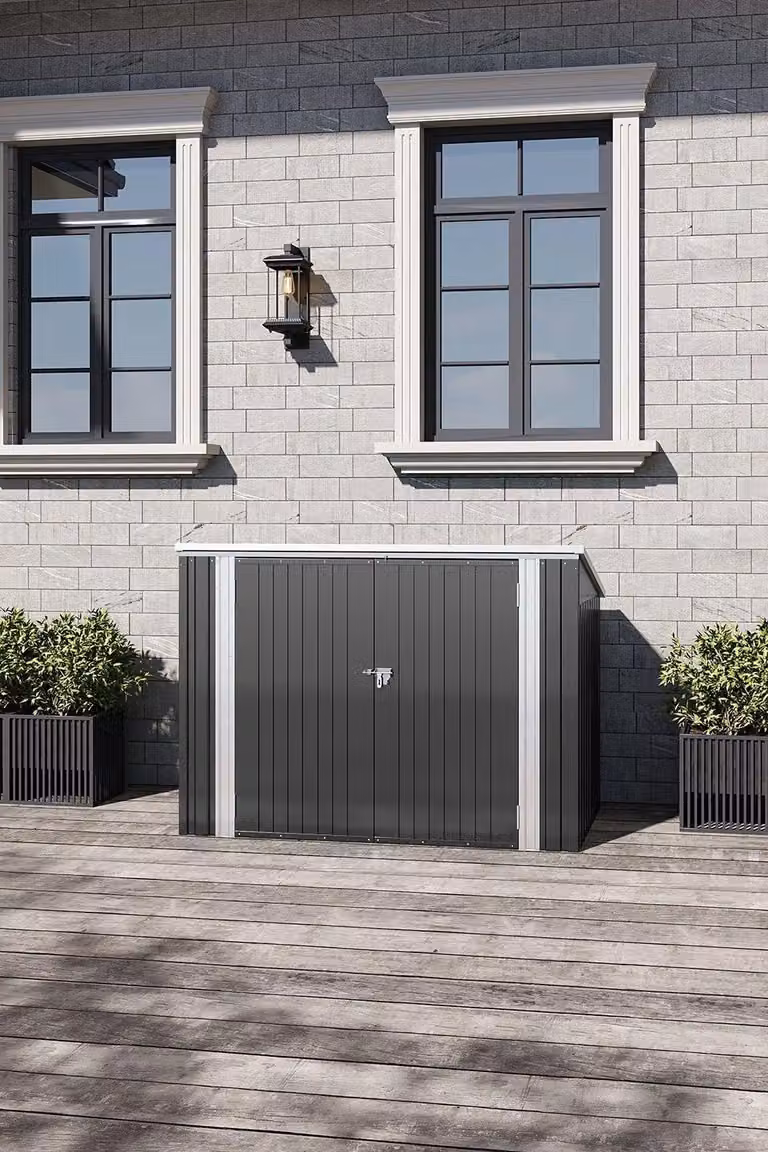 Garden Sanctuary Modern Steel Outdoor Bin Store Shed in Black, W/D/H: 130.0 x 105.0 x 176.0 cm