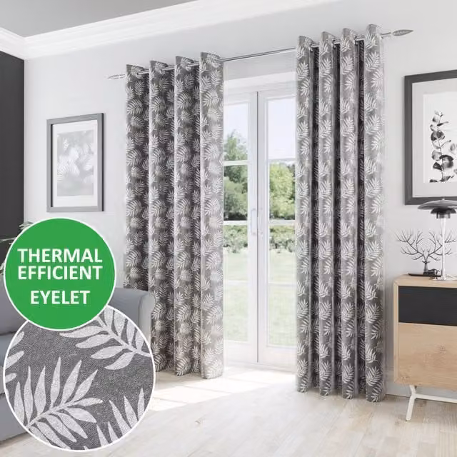 Enhanced Living Oakland Thermal Eyelet Curtains with Floral Pattern, Grey, W: 183 cm, H: 229 cm