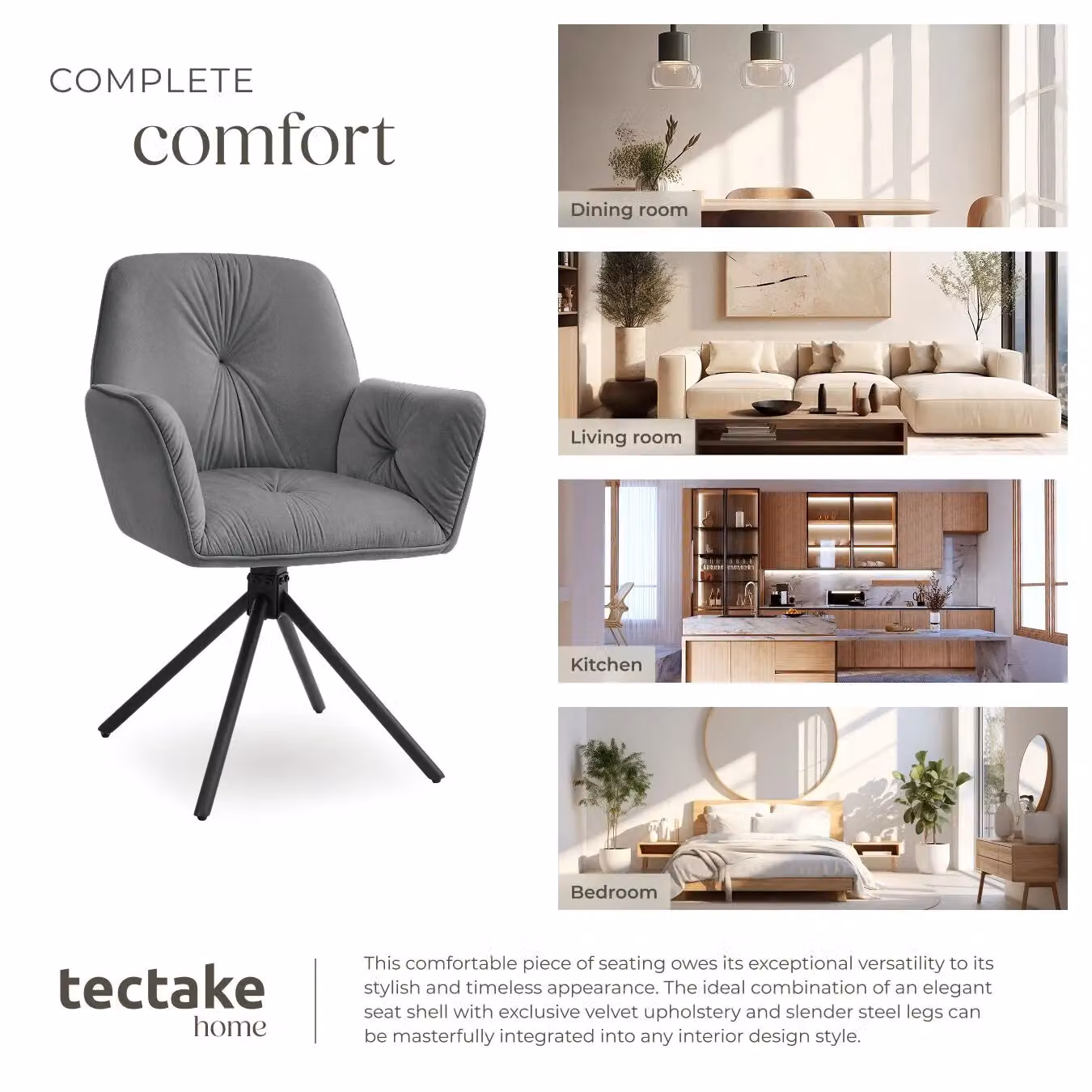tectake Lenia Set of 4 Swivel Dining Chairs in Dark Grey Velvet Look with Anthracite and Black Accents – 6