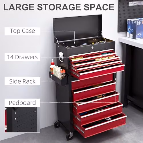 HOMCOM 2 in 1 Rolling Tool Cabinet with 14 Drawers, Pegboard and Lockable Top in Red – 4