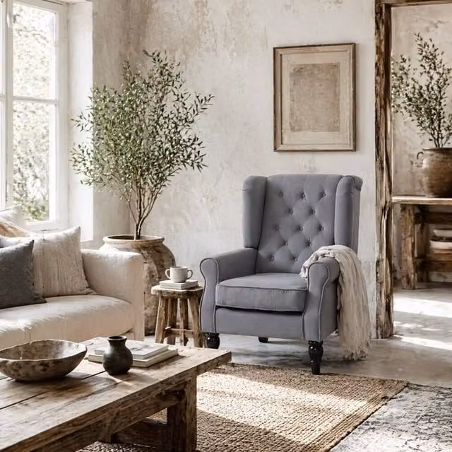 Wyld Haus Linimo Grey Velvet Wingback Accent Chair with Button Tufting H 102 x W 74 x D 86 cm