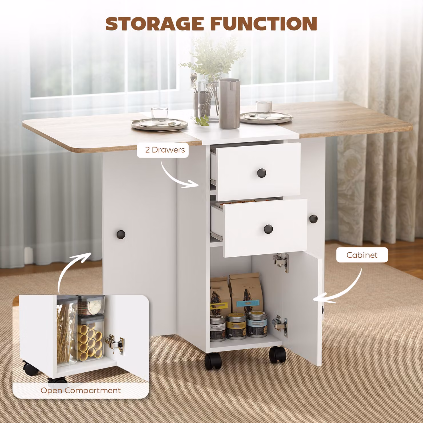 HOMCOM Multi-Storage Six-Person Drop Leaf Dining Table in Oak and White – 4