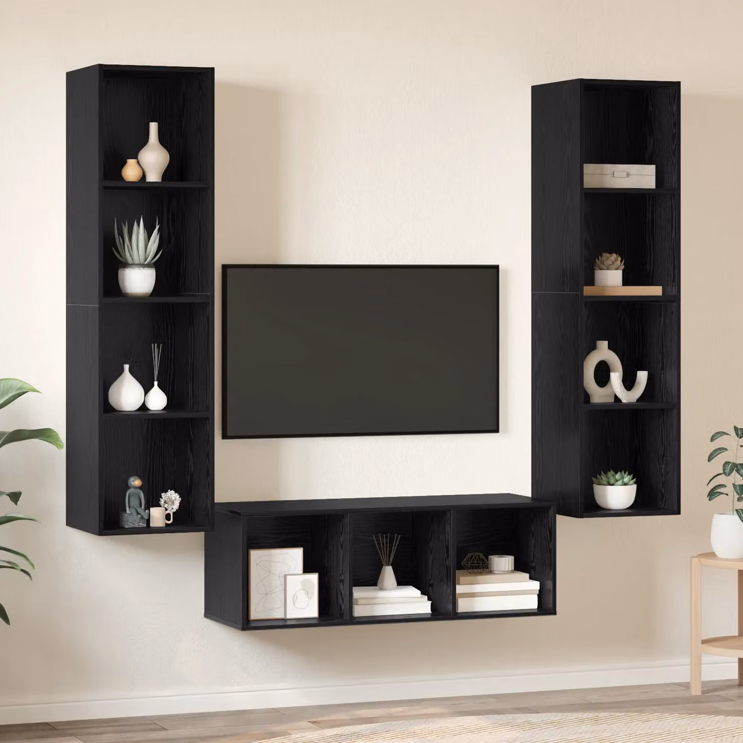 Berkfield Home 3-Piece Wall-Mounted TV Cabinet and Shelf Set in Black Oak – 3