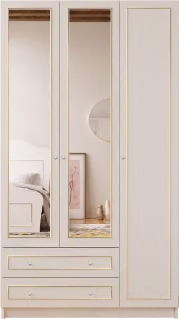 EVUHOME Marie XL 3 Door 2 Drawer Mirrored Wardrobe in White and Gold, H 210 cm x W 105 cm x D 52 cm