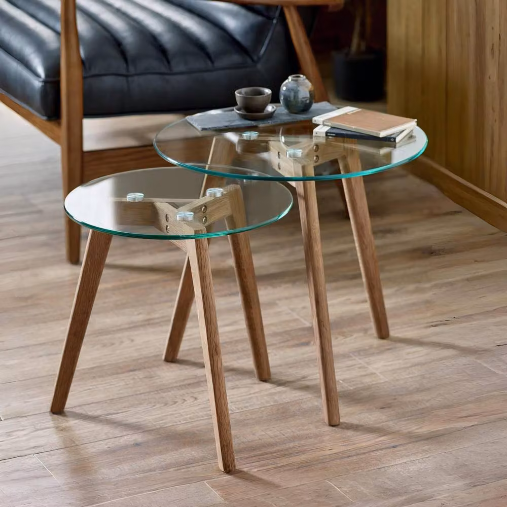 Cheshire Glenfinnan Modern Nest of 2 Round Tables in Brown Wood and Transparent Glass – 2