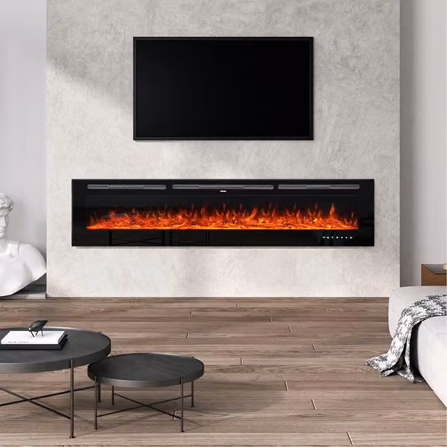 Livingandhome Wall-Mounted Recessed Electric Fireplace with 12 Adjustable Flames, Black, W: 203.2 cm