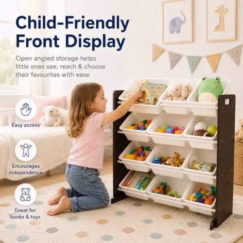 LOVETRENDS Kids Wooden Toy Storage Organiser with 12 Bins, Espresso Brown and White – 5