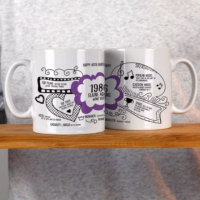 Afewhometruths Personalised 40th Birthday Mug, Born in 1986, Custom Name and Message, Purple and White – 1