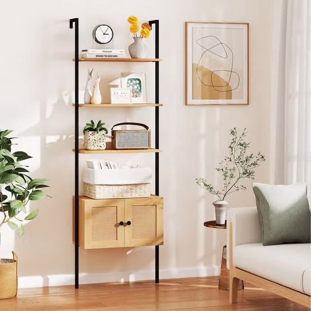 Costway 5-Tier Scandinavian Ladder Bookcase with Cabinet in Natural Brown and Rattan Wood and Metal