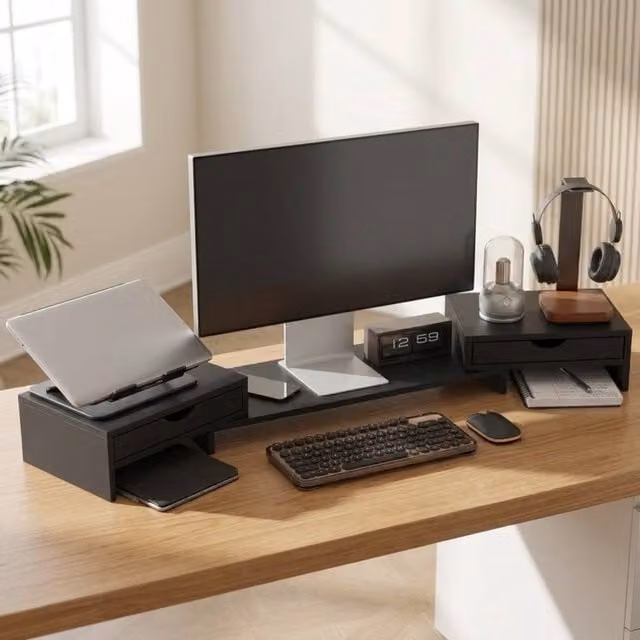 STILVORA Adjustable Monitor Stand Riser with 2 Drawers in Matt Black