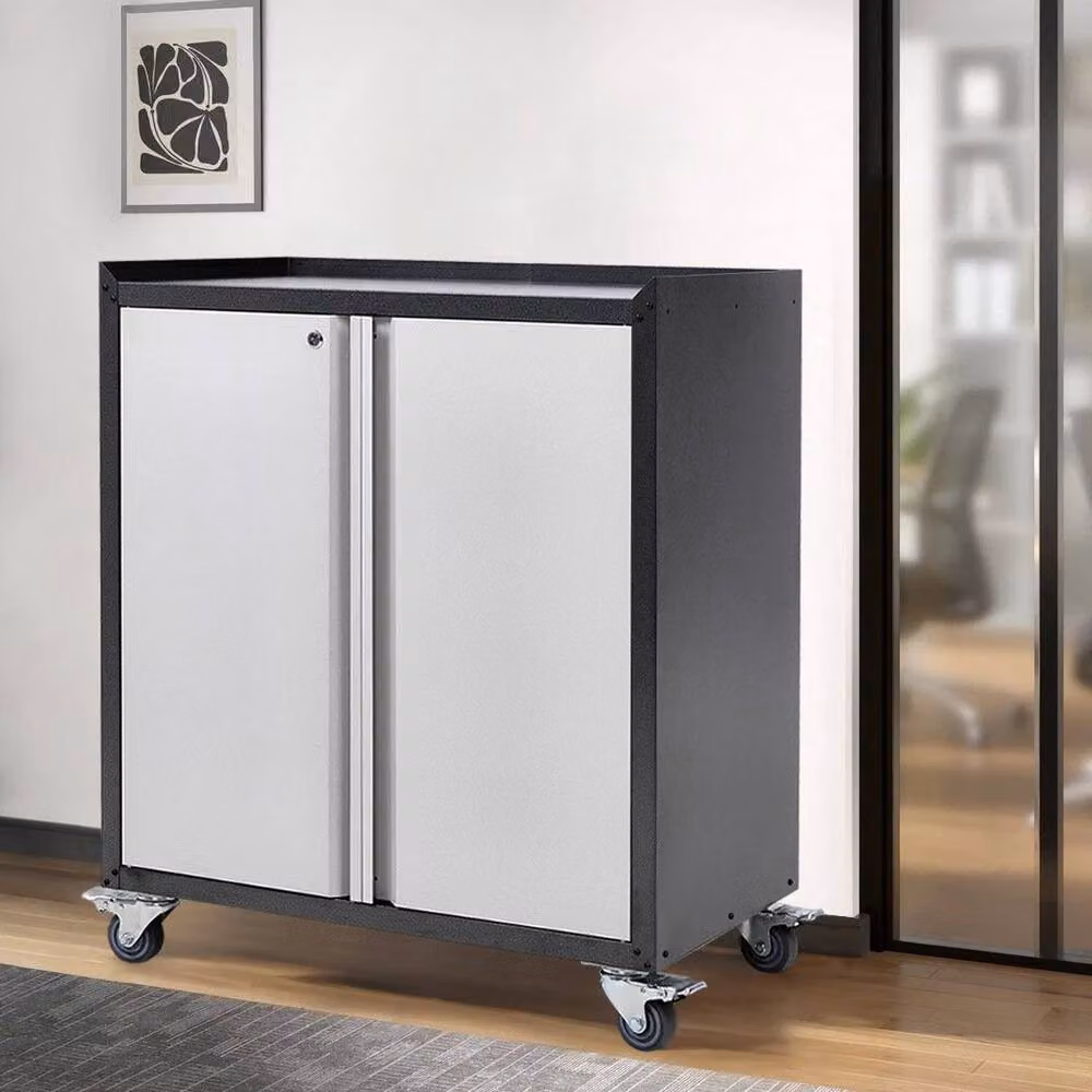 KORVIXA Metal Filing Cabinet and Storage Cupboard in Grey with Hinged Doors and Lock, W/D/H: 100 x 100 x 90 cm – 4