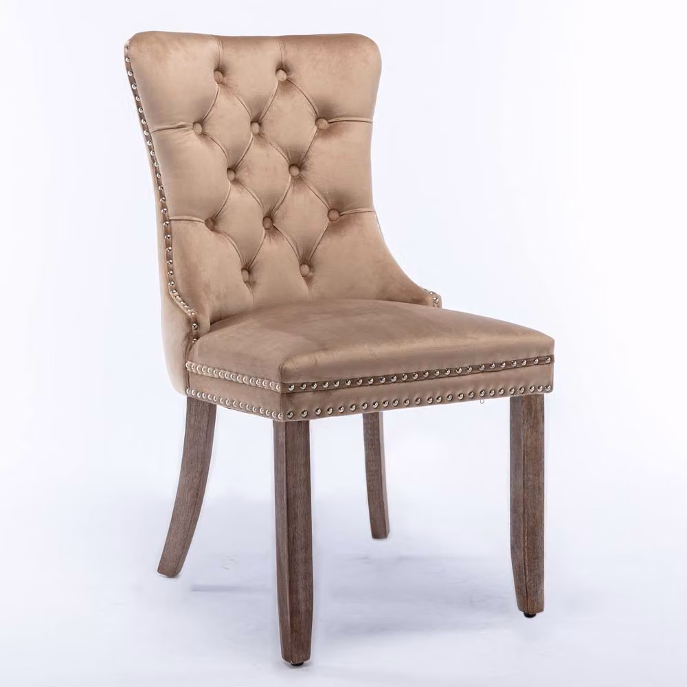 Modern Home Touch Romsey Set of 2 Velvet Upholstered Dining Chairs with Oak Legs and Knocker Ring Back in Brown – 2