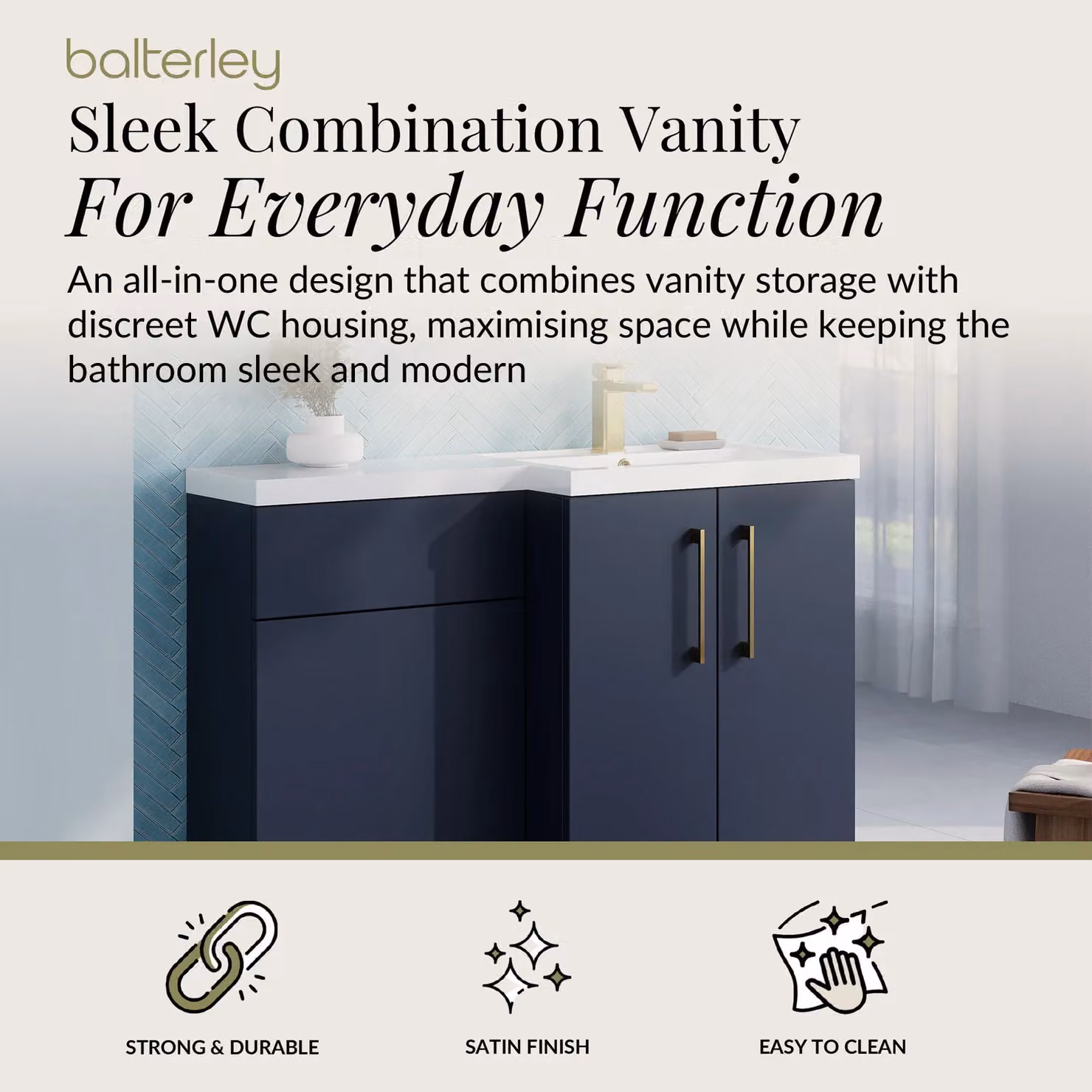 Balterley Modern Midnight Blue Matt Bathroom Vanity Basin and WC Unit with Soft Close Doors, Width: 110 cm – 2