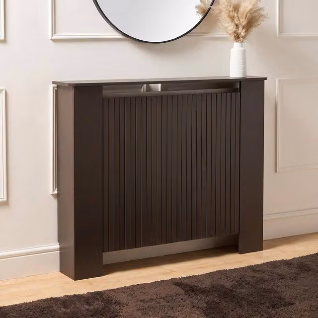 OHS Ribbed Medium Radiator Cover in Chocolate Brown Slatted Engineered Wood