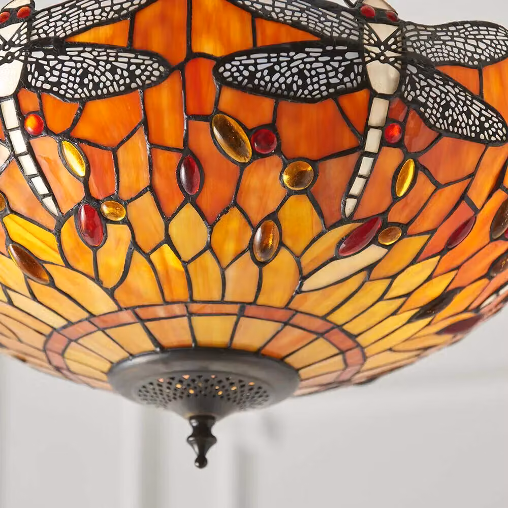 Loops Tiffany Glass Hanging Ceiling Pendant Light with Orange Dragonfly Design in Multicolour and Bronze – 3