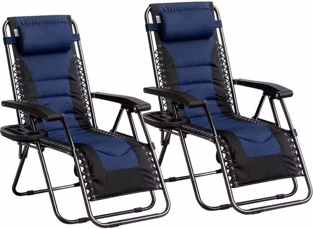 MCC Direct Set of 2 Zero Gravity Reclining Sun Lounger Chairs in Black and Blue Oxford Fabric – 9