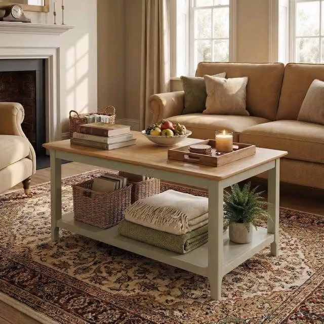 FWStyle Large Rectangular Coffee Table with Oak Veneer Top and Storage Shelf in Sage Green, Width: 90 cm