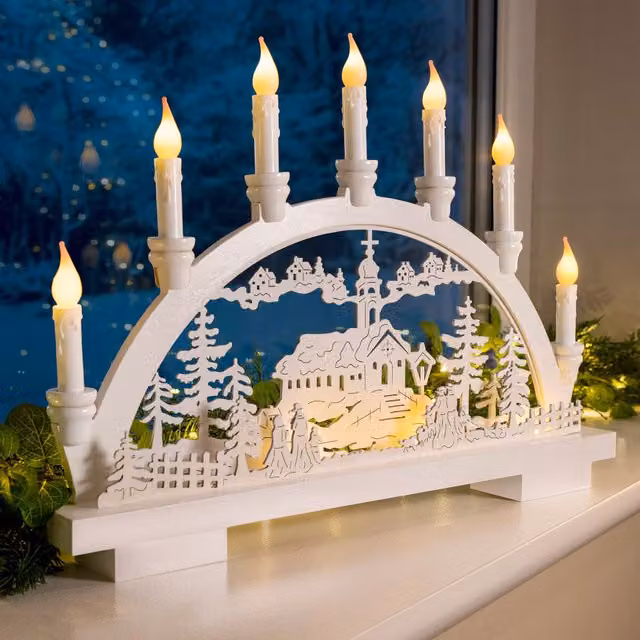 Christow Christmas Candle Bridge LED Tabletop Decoration in White, W/D/H: 45.5 x 34.5 x 6 cm