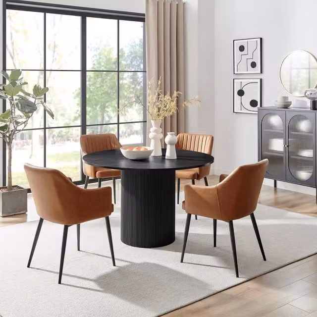 FurnitureboxUK Penrose Black Round Dining Table and 4 Calla Tan Faux Leather Chairs
