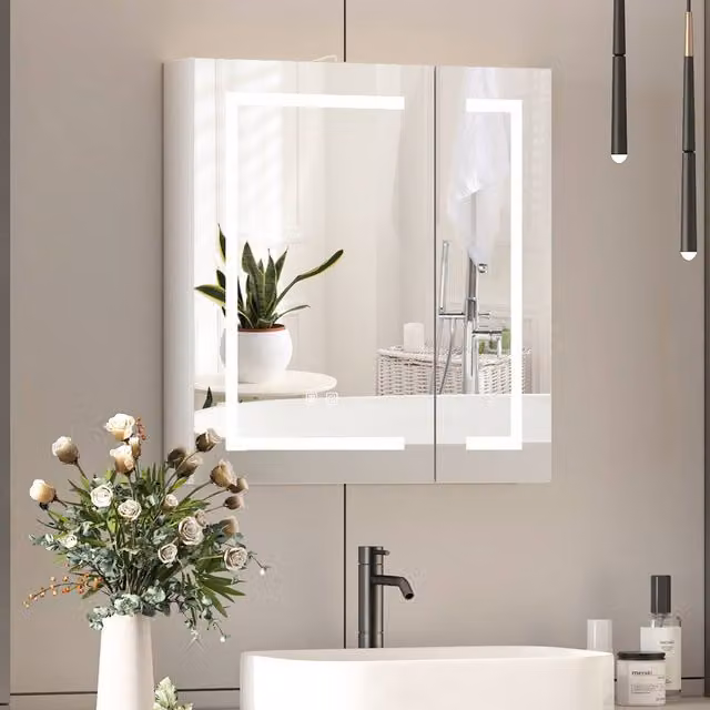 KEEPREAPER White 2-Door LED Bathroom Mirror Cabinet with Shaver Socket and Anti-Fog Function, W: 60 cm, H: 65 cm – 1