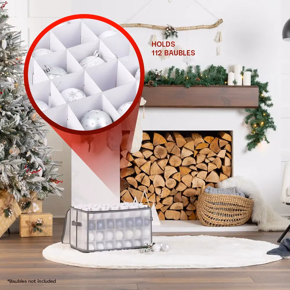 Christmas Village Christmas Bauble Storage Cube Bag with Dividers and Handles for 112 Ornaments, Red and Grey, W/D/H: 53 x 30 x 30 cm – 4