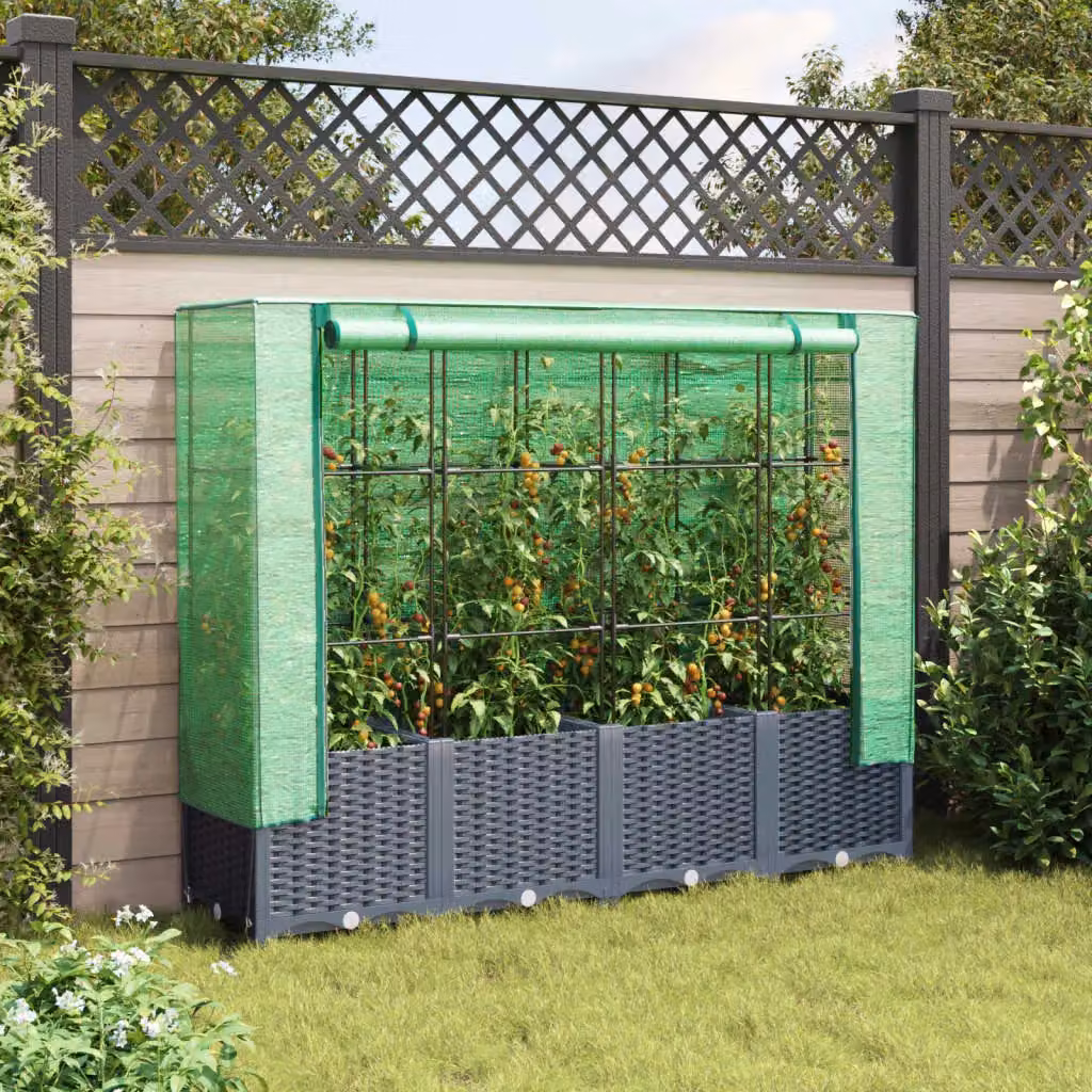 Berkfield Home Raised Bed with Greenhouse Cover in Black Rattan Look, W: 160 cm, D: 40 cm, H: 138 cm – 2