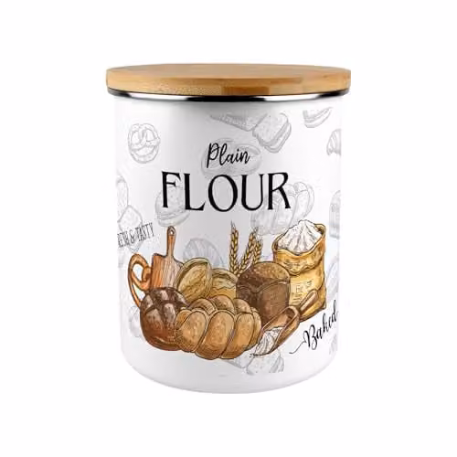 Purely Home Airtight Plain Flour Canister in Brown and White Ceramic with Bamboo Lid