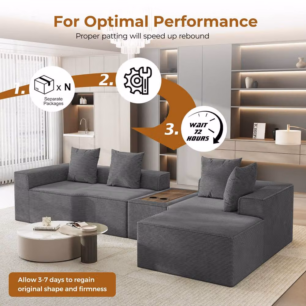 Dprodo Grey Corduroy Right L-Shaped Modular Sofa with Cup Holder Table and Scatter Cushions, 320 cm – 4