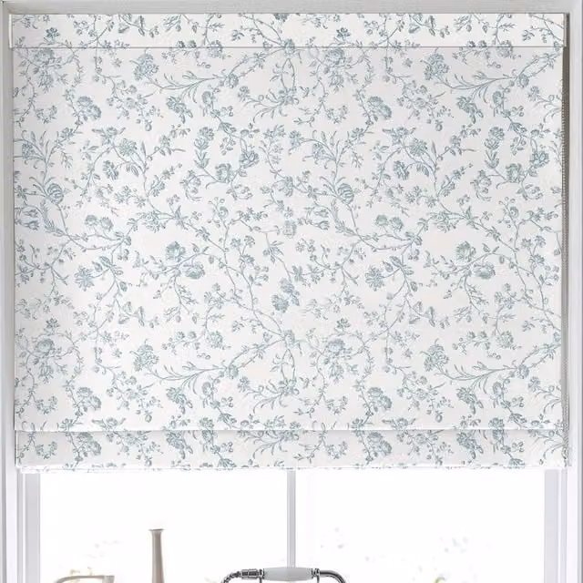 Laura Ashley Aria Made to Measure Blackout Floral Roman Blind in Eucalyptus Green and Blue