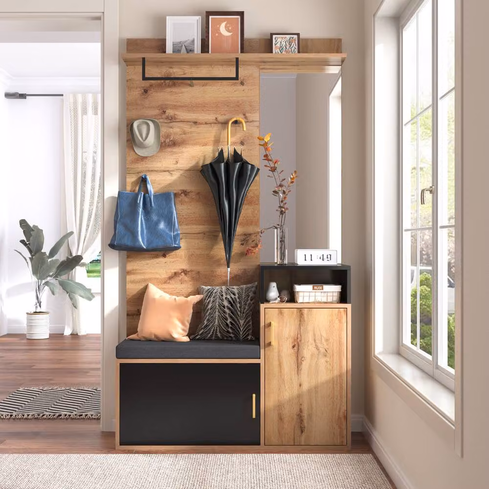 BTM Modern Hallway Wardrobe Set in Black with Mirror, Shoe Cabinet and Bench Seat – 2