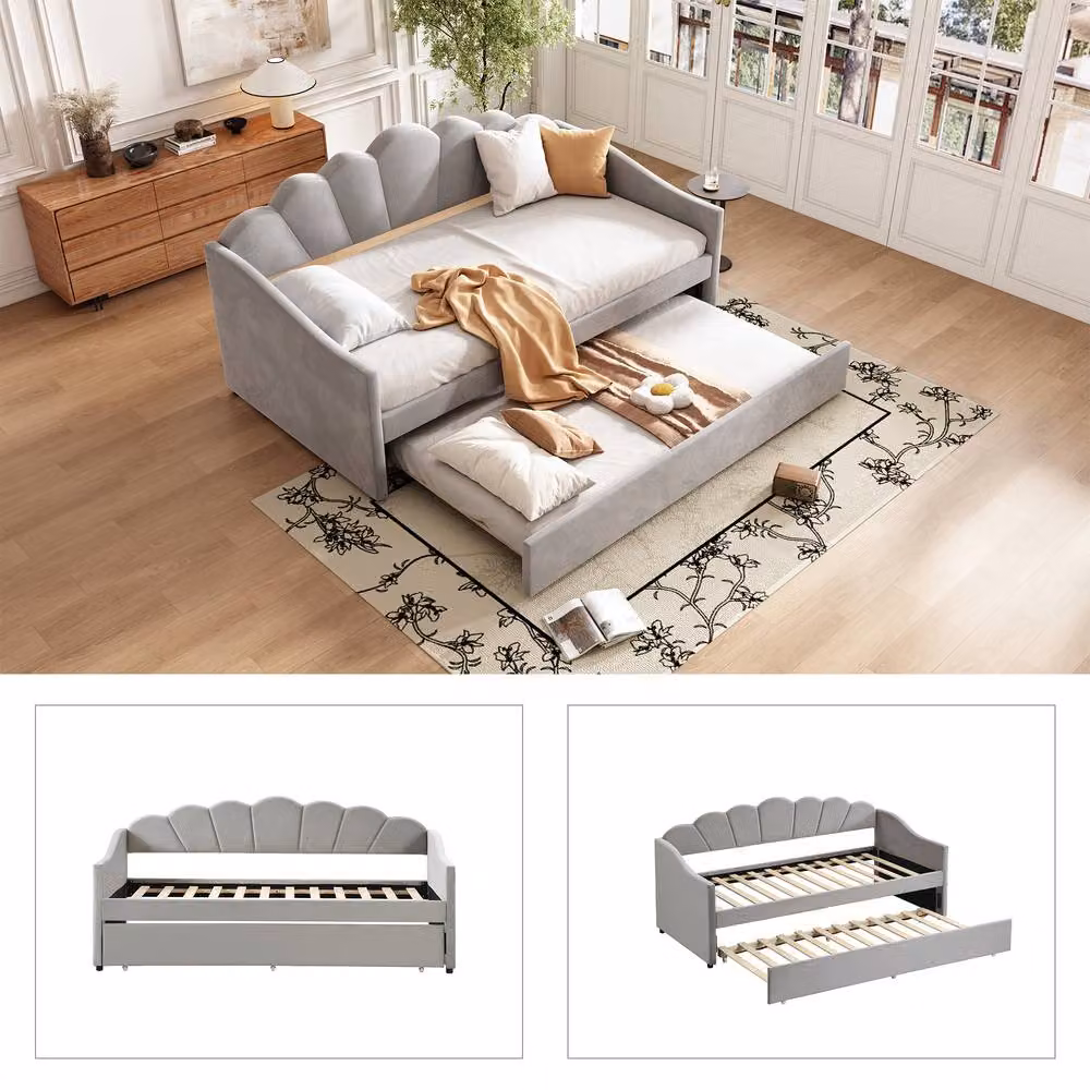 ModernLuxe Upholstered Single Daybed with Trundle Bed in Grey Velvet Fabric – 4