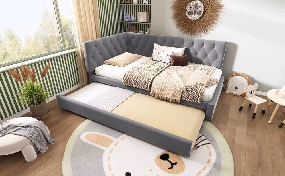 Rolipo Grey Velvet 3FT Single Daybed with Pull Out Trundle Guest Bed, W: 90 cm, L: 190 cm – 2