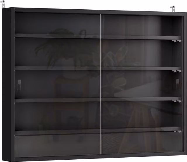 HOMCOM Black Wall Mounted 5-Tier Display Cabinet with Glass Doors and Internal Shelves – 1