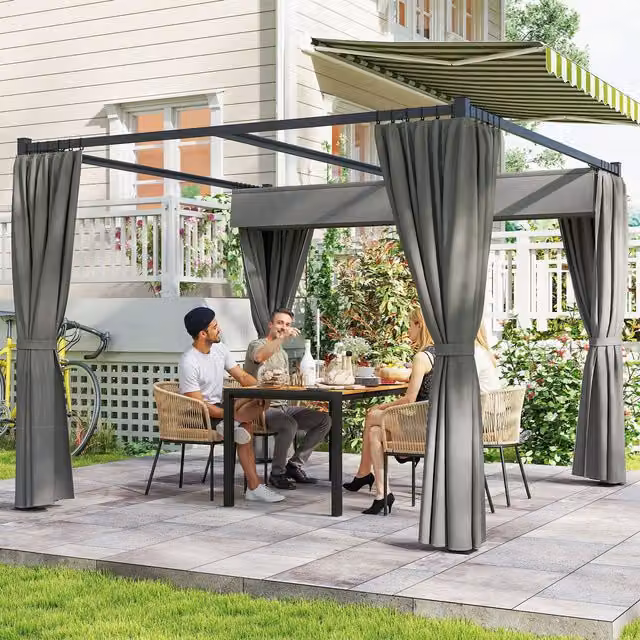 OUTSUNNY Metal Pergola with Retractable Roof and Curtains in Light Grey, W: 300 cm, D: 300 cm, H: 227 cm – 1