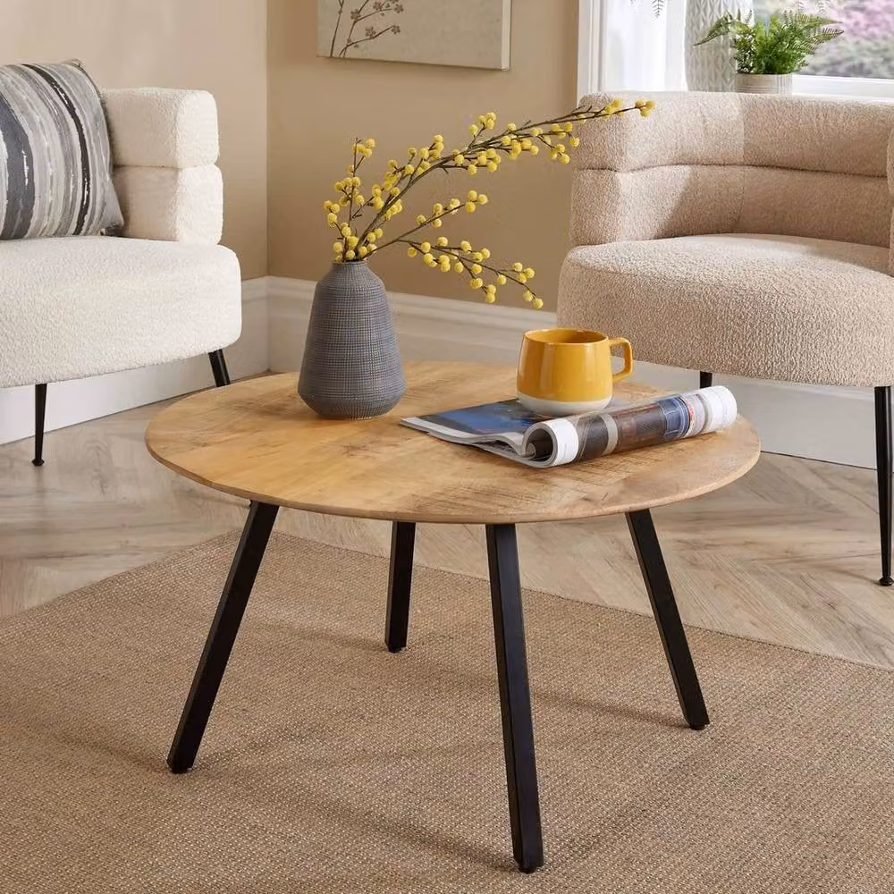 FORGEVIO Round Mango Wood Coffee Table with Black Metal Legs in Brown – 2