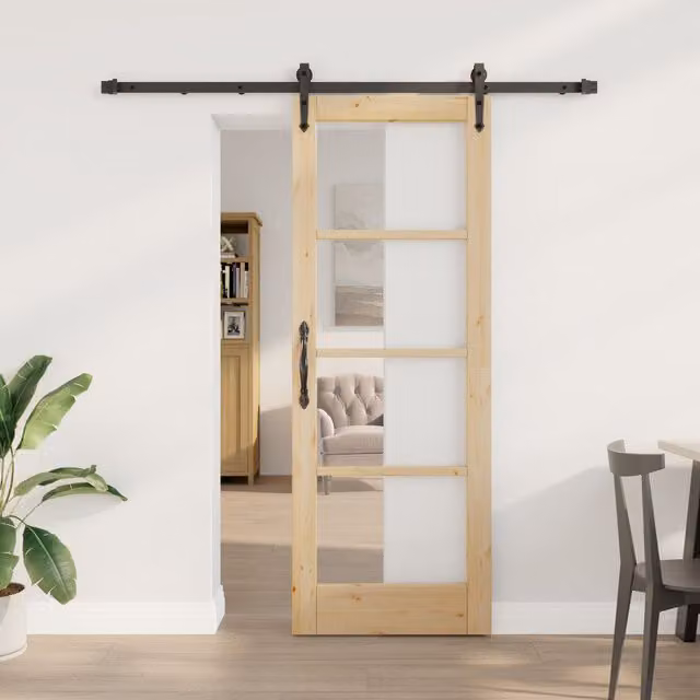 Berkfield Home Minimalist Solid Wood Pine Sliding Door with Hardware Set in Brown, W: 73.5 cm, H: 198.5 cm – 1