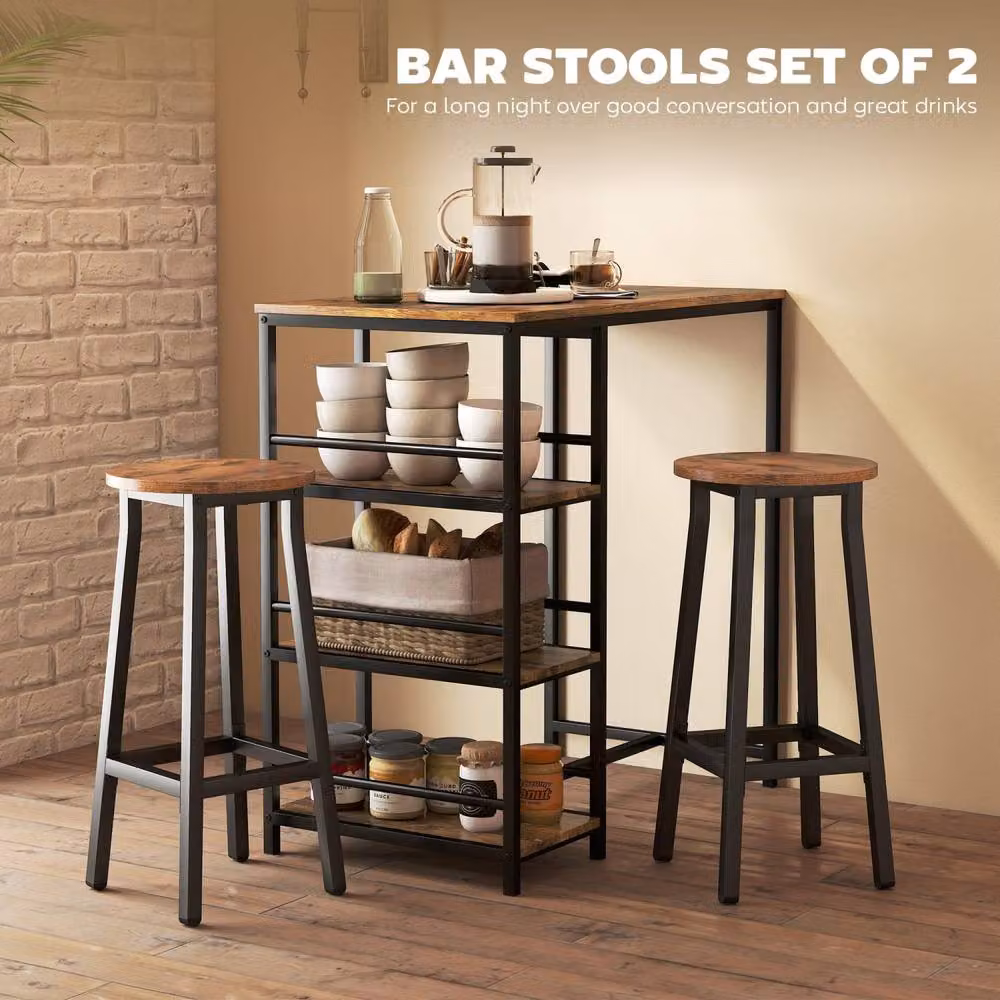 Wyld Haus Rema Set of 2 Industrial Round Bar Stools in Brown and Black Metal, Height: 65 cm – 7