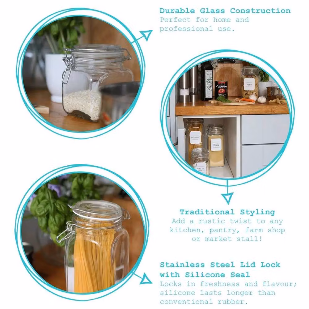 Argon Tableware Set of 3 Airtight Square Glass Jars with Clip-Top Lids, 1.7 l each, Clear – 4