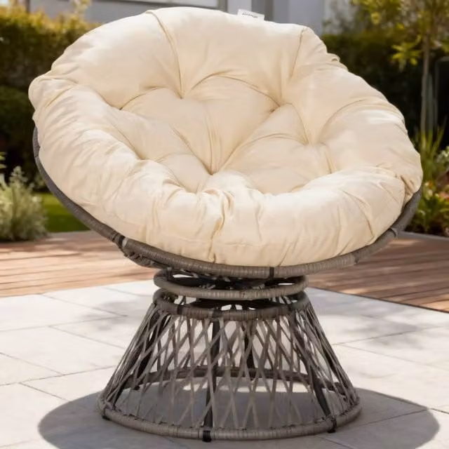 ERGOVEXA 360° Swivel Rattan Moon Bowl Lounge Chair in Beige – 1